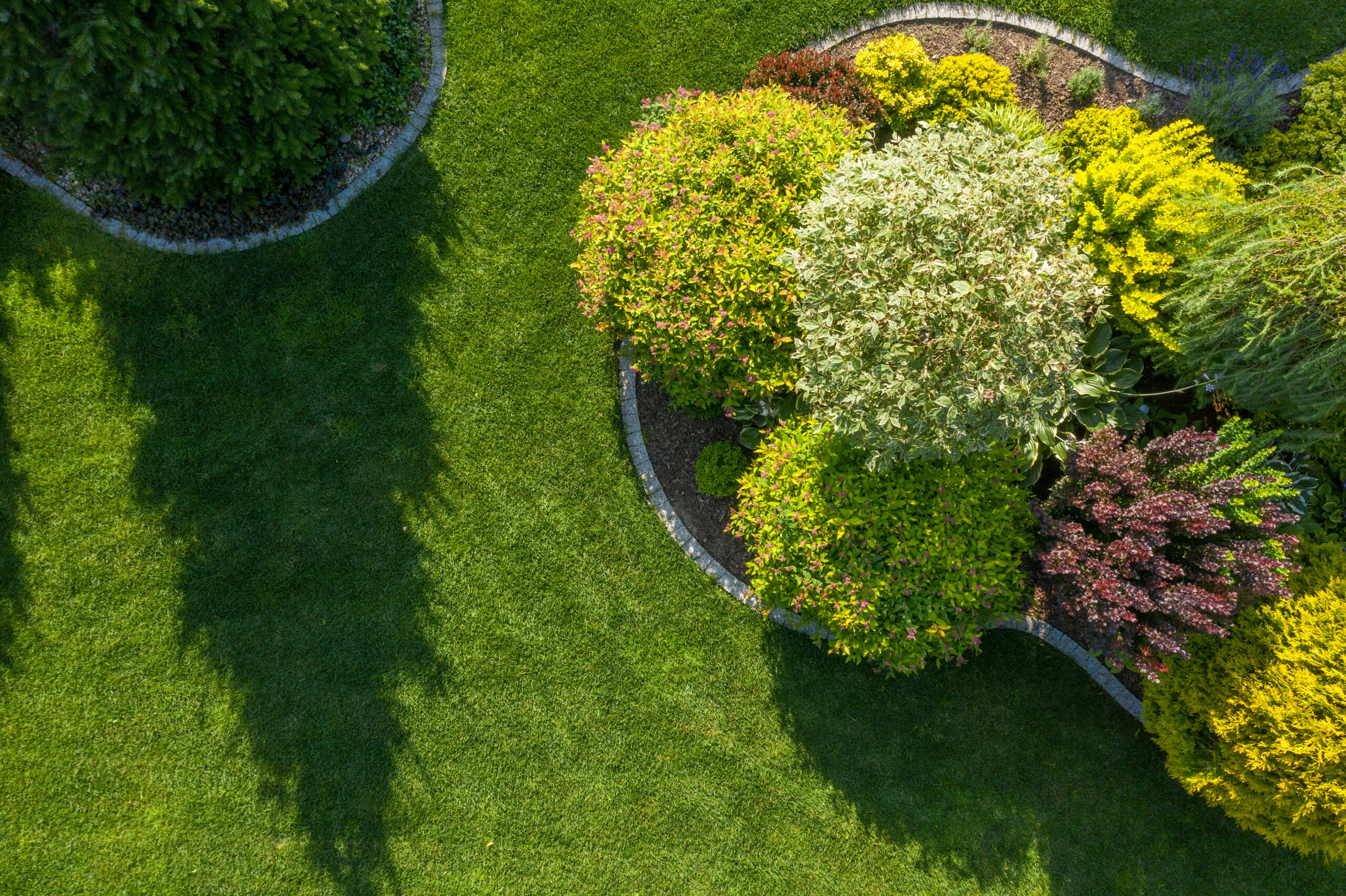 Summer Time Residential Backyard Garden Plants and Beautiful Maintained Lawn Aerial View.