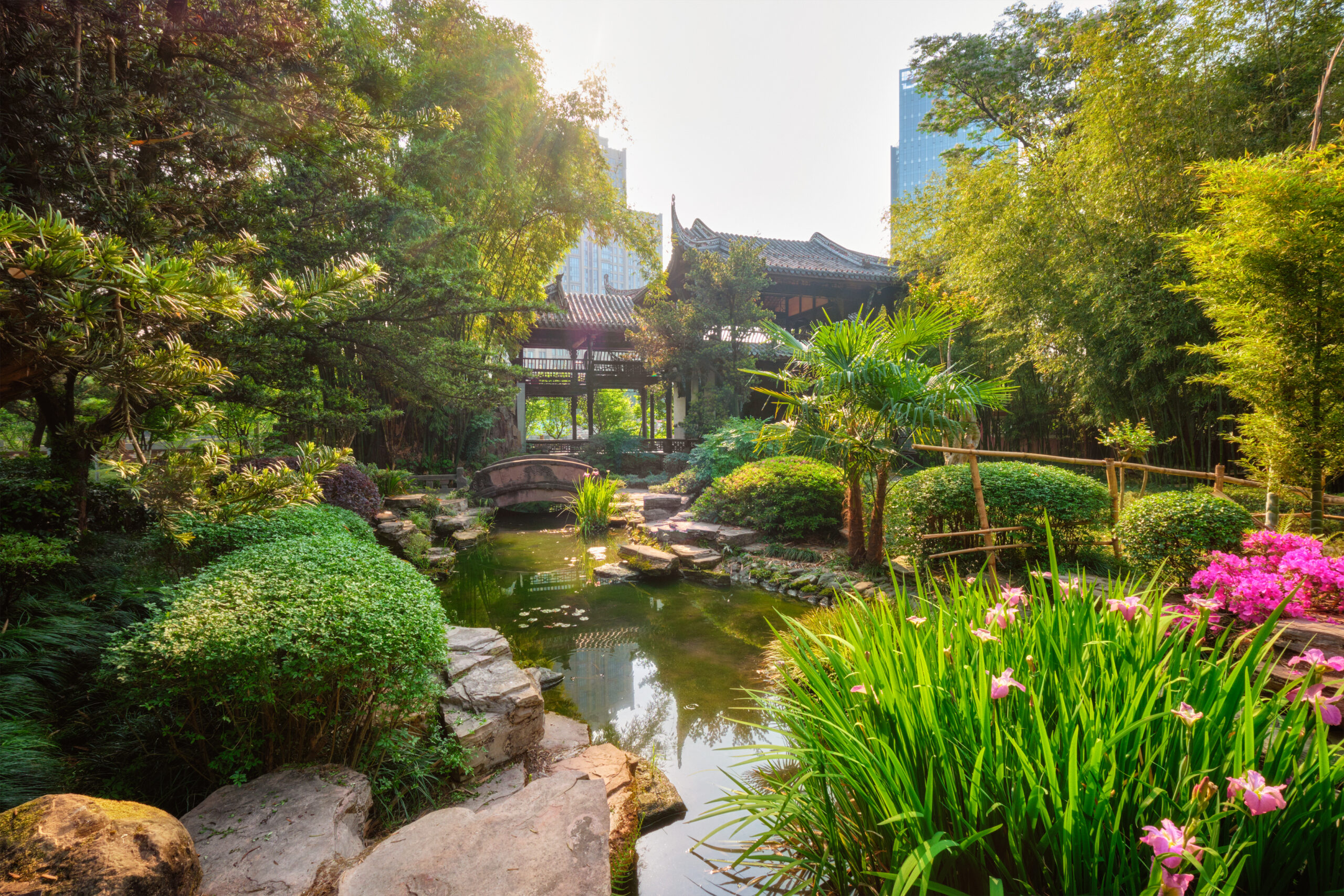 Chinese garden park in China - Wangjiang Pavilion (Wangjiang Tower) Wangjianglou Park. Chengdu, Sichuan, China